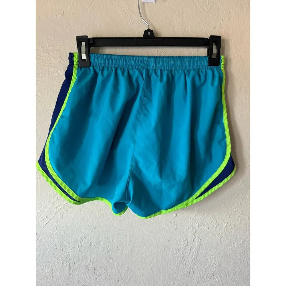 Women's Nike Dri Fit Shorts in Black with Lime Green and Navy Trim, Size M